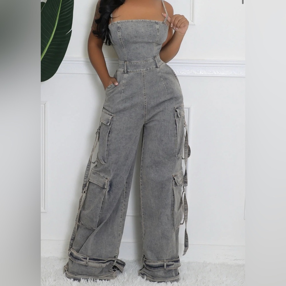 Women's Gray Cargo Jumpsuit